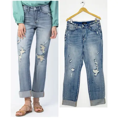 Judy Blue High Waist Double Cuff Fray Hem Distressed Boyfriend Jeans Size 14