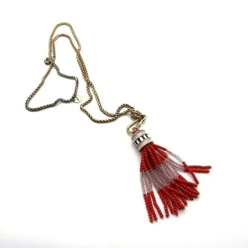 Stella & Dot Retired Coral Red Gold Beaded Brio Tassel Necklace Long