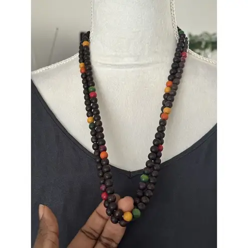 Ethnic Wood Bead Long Double Strand Necklace Yellow Green Red Vacation Brown