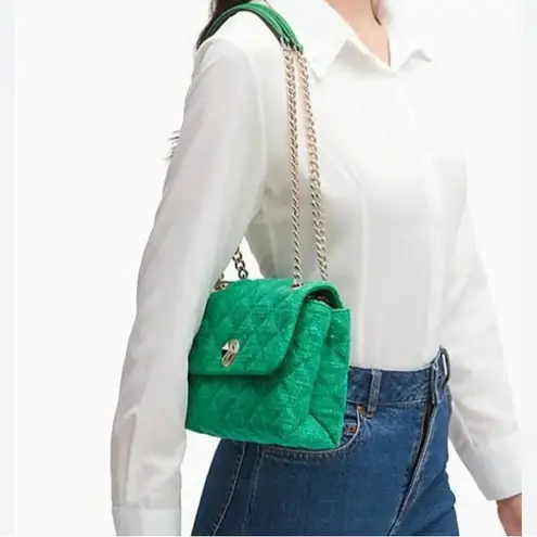 Kate Spade  Natalia Solid Quilted‎ Tweed Crossbody Kelly Green Gold Chain New