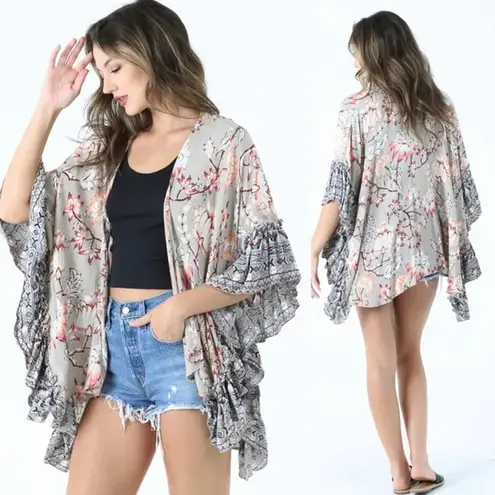 Angie  Women's Sm Open Front Kimono Top Floral Ruffle Tim Taupe Coral Oversized