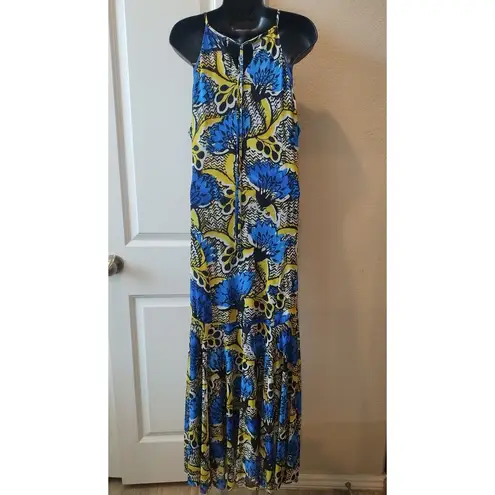 Nine West  Blue Bright Surf/Sunflower Abstract Halter Stretch Maxi Dress Sz14-$98