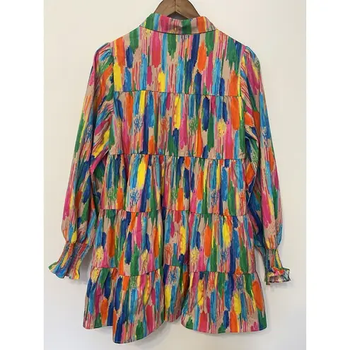 Peach Love California Dress Watercolor Works Tiered Long Gathered Sleeve Rainbow