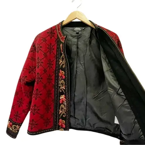 Vintage Icelandic Design Wool Zip Front Cardigan Jacket Red Black Size Medium