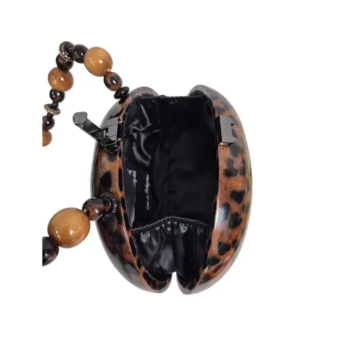 Signed Timmy Woods Acacia Wood Leopard Print Purse With Beaded Strap NWOT Brown