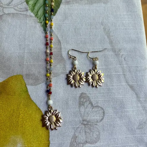 Sunflower Colorful Fun Multicolor Choker Jewelry Set Cubed Beaded Chain Casual Gold