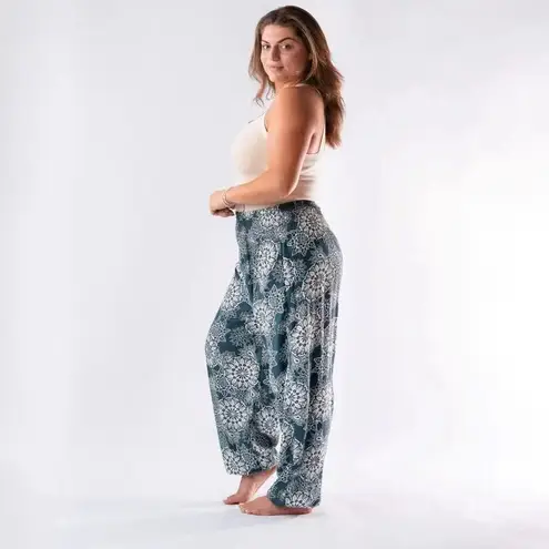 Lotus & Luna Corfu Floral Print Blue White Ankle Jogger Harem Pants