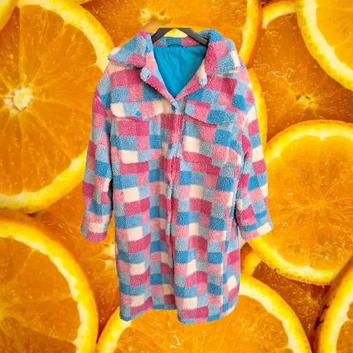 Cozy Sherpa Checkered Shacket Pink Blue White Womens Long Jacket Size XL