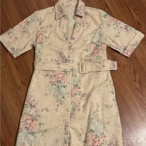 Solitaire Solitare Floral Eyelet White Shirt Button Down Dress with Belt Spring Size M