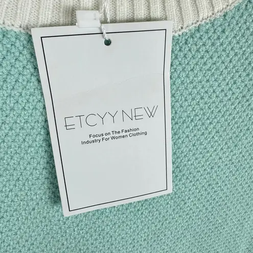 ETCYY NWT Blue White Trim Long Balloon Sleeve Waffle Knit Plush Sweater Size M Size M