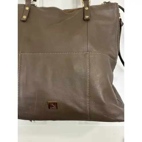 Kooba Everette Taupe Brown Leather Expandable Tote Shoulder Bag