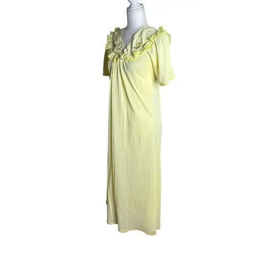 Vintage Nylon Nightgown Ruffled Collar Small Yellow Floral Embroidery Maxi