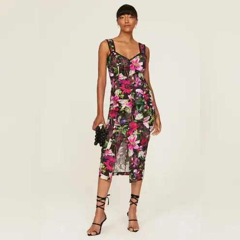 Marchesa Notte Botanical Midi Dress in Size 6 Black
