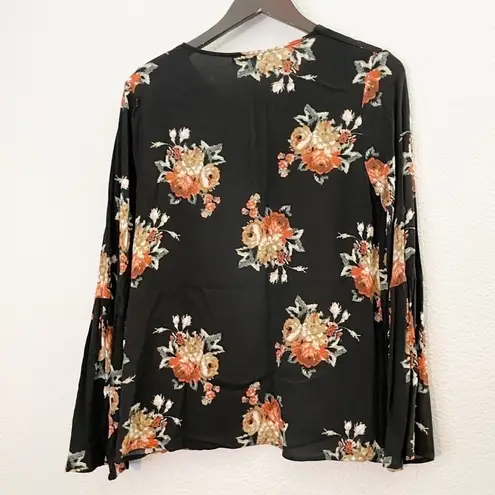 On The Road Black Floral Long Bell Sleeves Tunic Blouse Small