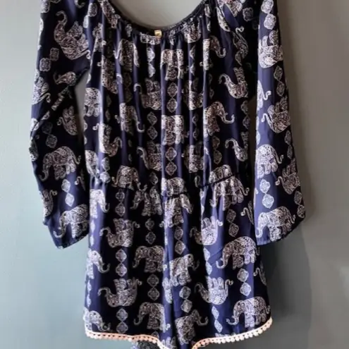 Jesse & J Navy White L Elephant Romper Shorts Fringe Boho Cinch Waist Festival Blue Size L