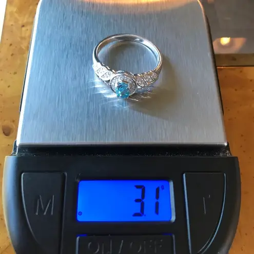 Natural Blue Zircon Moissanite Sterling Silver Ring Size 9