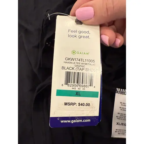 Gaiam NWT Haven Long Sleeve Tee Shirt With Metallic Graphic Black Women Size XL