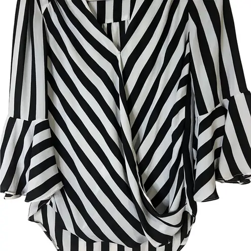 Premise  Studio Black White Striped Bell Sleeve Faux Wrap Blouse