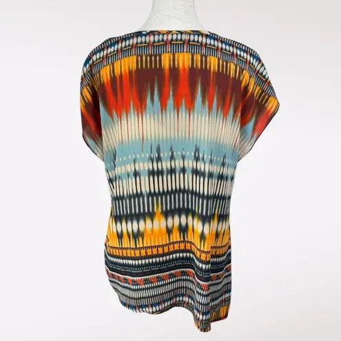One World Ikat Print V-Neck Blouse Multicolor Tribal Style Small
