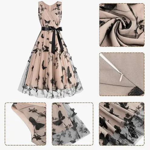 NWT 1950s Dress Vintage Elegant Butterfly Lace Cocktail Party Midi Dress Formal Black Size XXL