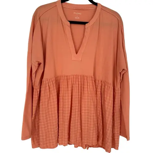 Pilcro Anthropologie Long-Sleeve Babydoll Top Light Orange Gingham Size Small