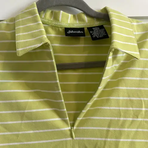 st. john's bay  Women's S Split Neck Polo Tee Citron Green White Stripe Preppy