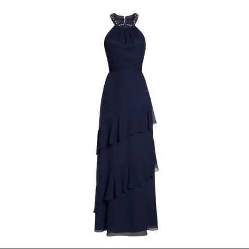 Eliza J Beaded Halter Tiered Chiffon Gown 18 Navy