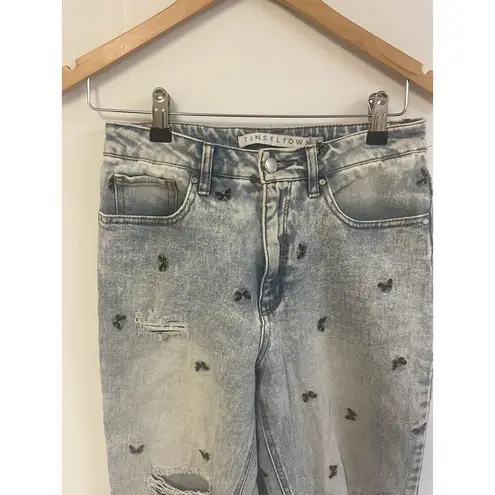Tinseltown Light Wash Distressed Embroidered Butterfly Raw Hem Skinny Jeans 7