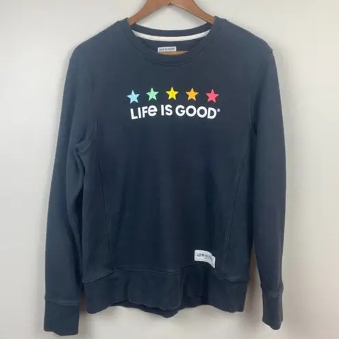 Life is Good  Sweatshirt Small Crewneck Black Stars Graphic‎ Long Sleeve Casual