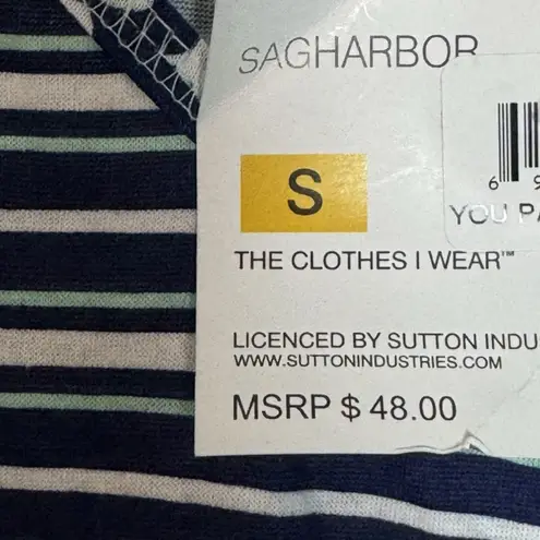 NWT Sag Harbor Women’s Teal/Blue/White Striped Short Sleeve Tee, Bows, Small Green