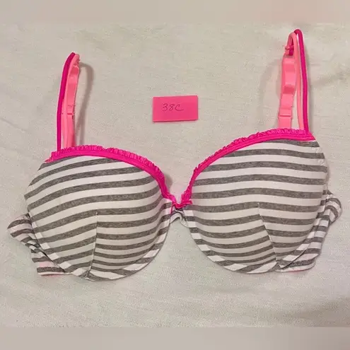 Fruit of the Loom NWOT  PUSH UP BRA COTTON SZ 38 C Padded Gray Pink Stripe