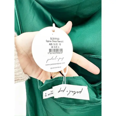 Petal and Pup Cyprus Emerald Green Satin Cowl Asymmetric Midi Dress Size 6 New