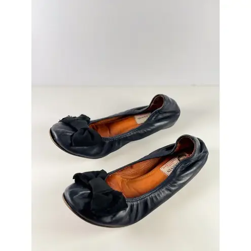 Lanvin Women Ballet Flats Black Leather Bow Ballerina Slip On Parisian Size US 6