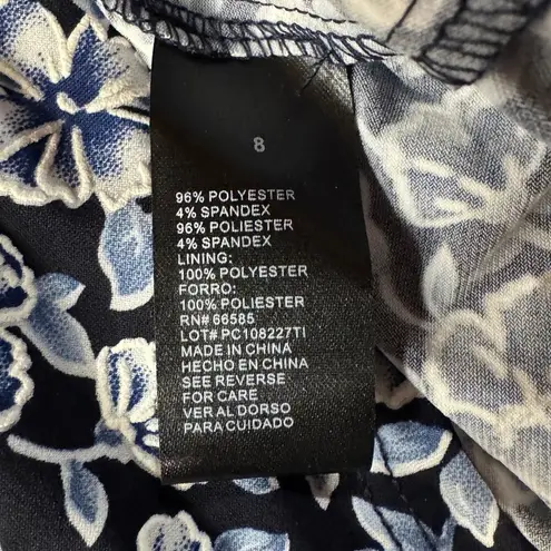 Perceptions NY SZ 8 A-Line Midi Dress Floral Cap Sleeve Empire Waist V-Neck Blue