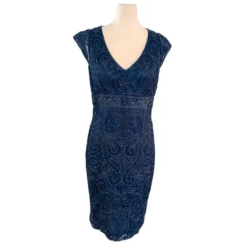 Sue Wong NOCTURNE Beaded Navy Blue Sleeveless Bodycon Dress Size 12 Y2K