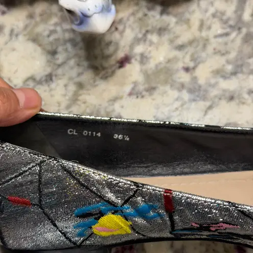 Christian Dior  Silver Metallic Floral Embroidered Flats Slip Ons