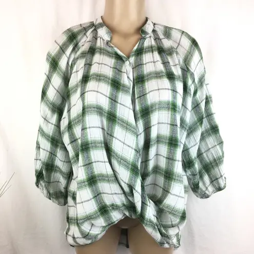 Very J  Green & White Plaid Gingham Checker Twist Waist Short Sleeve Top S