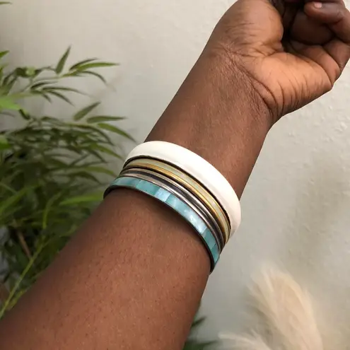 Bundle lot set of 4 White Silver Black Teal Blue Metal bangle bracelets for layering multicolored boho - Image 1