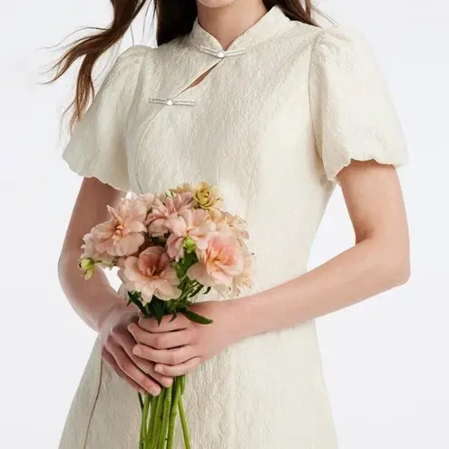 White Mandarin Collar Cheongsam Qipao Mini Dress Size XS