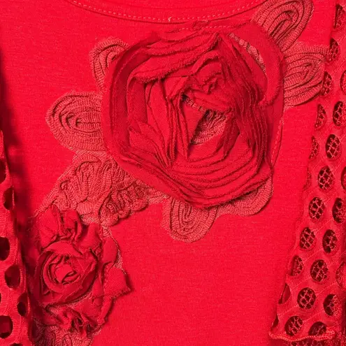 Pretty Angel Red Top sz L Silk Blend Artsy Boho Whimsigoth Rose Applique Crochet