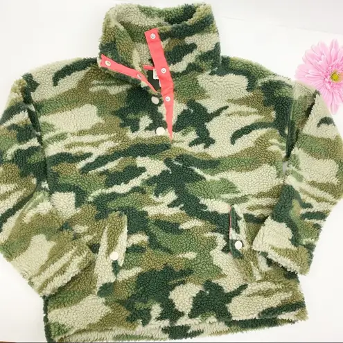 J.Crew  Vintage Sherpa Fleece Pullover Jacket Camo Camouflage Olive Army Green