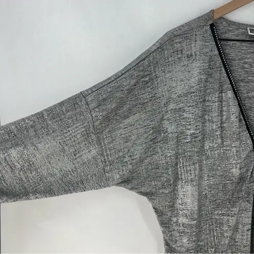 JM Collection Metallic Silver Stretch Knit V-Neck Rhinestone Zipper Tunic XL