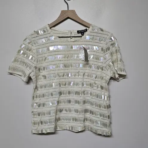 J.Crew Womens Crochet Ivory Short Sleeve Top Shirt Sequins Party Going Out Sz S