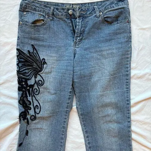 Vintage Blue and black butterfly beaded sequin embroidered low rise denim jeans Size 10
