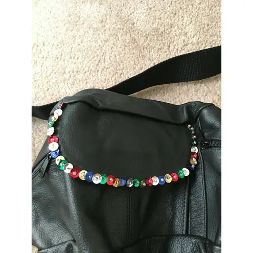 Genuine Leather Fanny Pack Waist Bag Adjustable With Colorful Gemstones Black