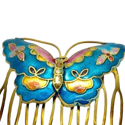 Vintage Enamel Butterfly Floral Hair Comb Gold Blue