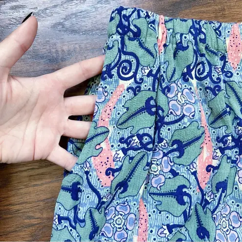 Flax • wide leg crinkle rayon pants fish seaweed pattern coral blue green