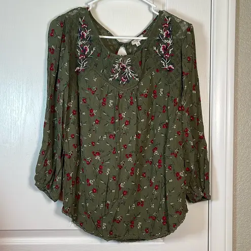 Mason & Belle  Blouse Olive Green 3/4 Sleeve Floral Lace Peasant Top Size Large