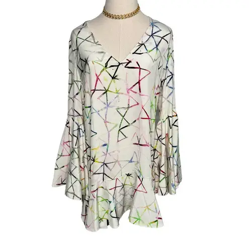 Alexis Giovanna Flounce Bell Sleeve 100% silk watercolor Mini Dress size US 8-10