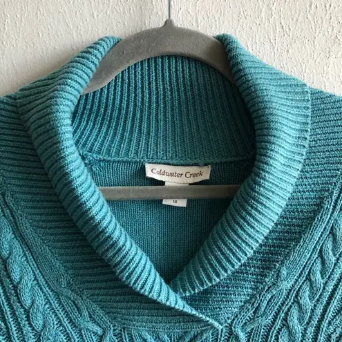 Coldwater Creek Sweater Teal Blue Shawl Collar Cableknit Sz L (14) GUC